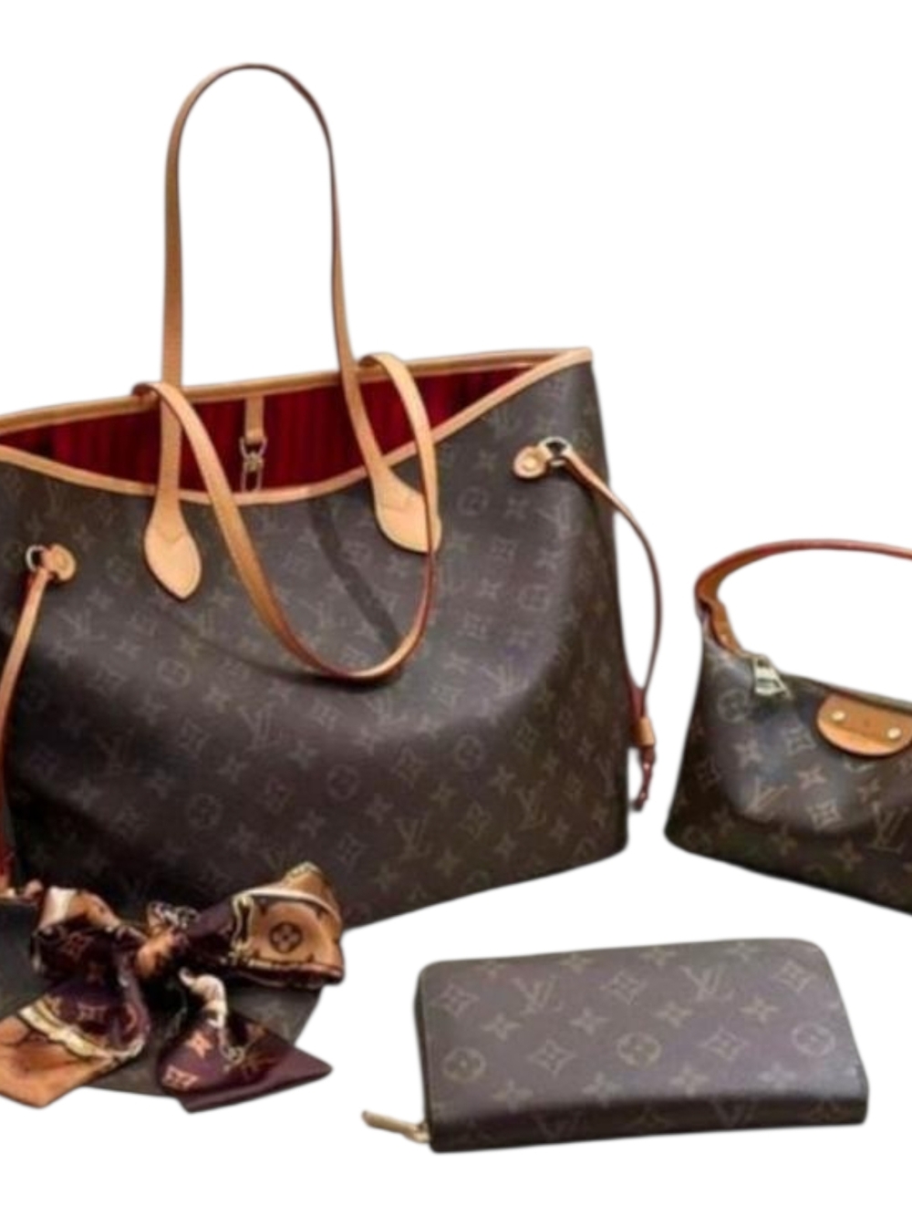 Tote Set in Brown with Tan Trim and Red Interior